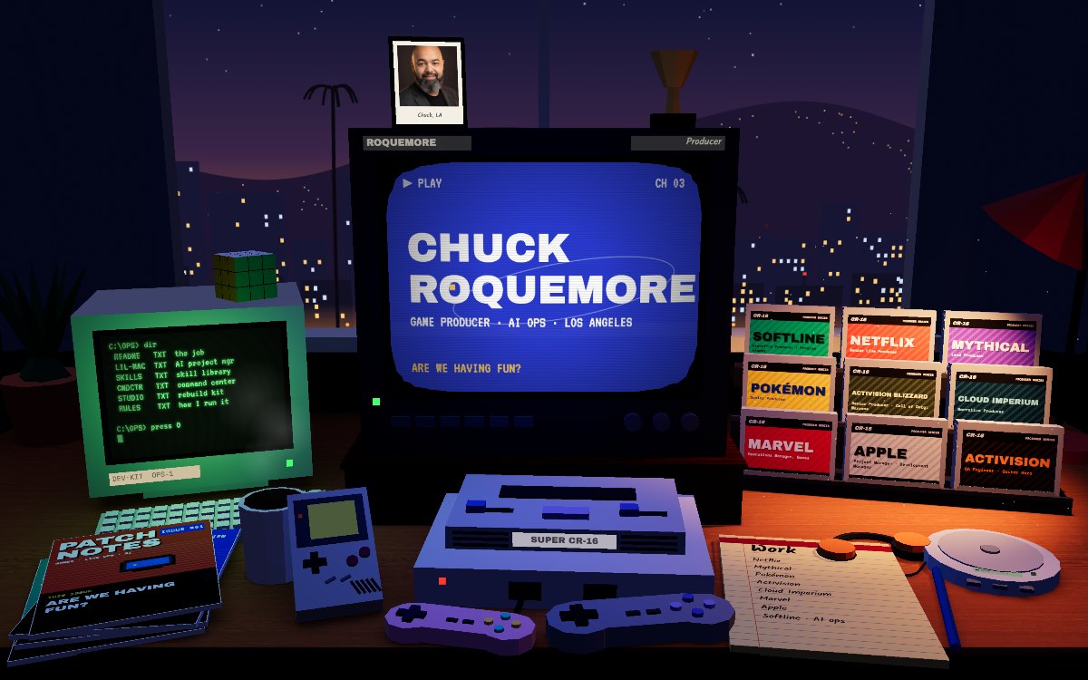 A low-poly late-night desk in Los Angeles: a CRT TV showing Chuck's name, a stack of game cartridges labeled with each employer, a green-screen terminal, a lamp, and the city through the window.